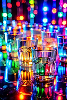 Colored Lighting on Glasses in Night Club Bar