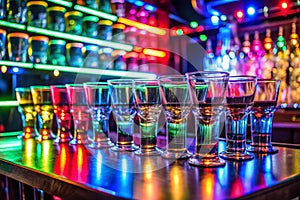 Colored Lighting on Glasses in Night Club Bar