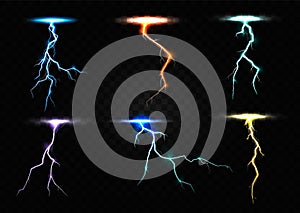 Colored lightning bolt vector set on transparent background.