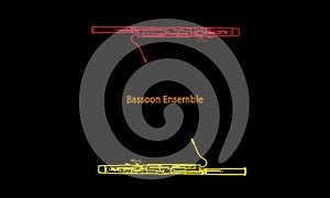 Colored line drawings of outline Bassoon ensemble musical instrument contour