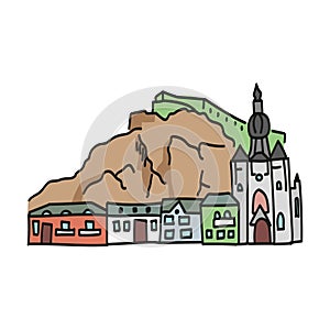 Colored linear Vector icon set of tourist european landmarks.