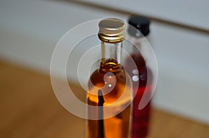 Colored liquid in glass bottles