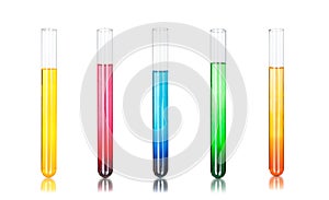 Colored liquids in five test tubes isolated over white backgroun