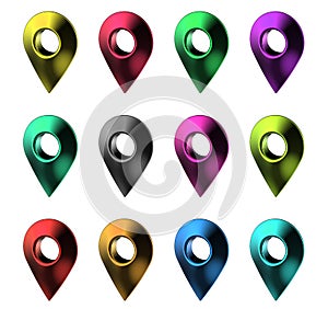 Colored location pins. Location symbol. Navigator pin checking. Location map icons.