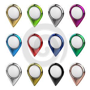 Colored location pins. Location symbol. Navigator pin checking. Location map icons.