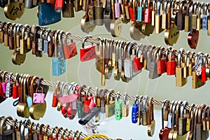 Colored locks hanging on the bridge for love