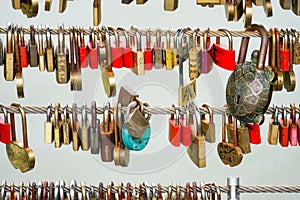 Colored locks hanging on the bridge for love