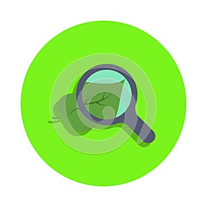 colored look at leaf in magnifying glass in green badge icon. Element of science and laboratory for mobile concept and web apps. D