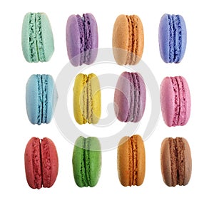 Colored macarons isolated on white background without a shadow closeup. Top view. Flat lay