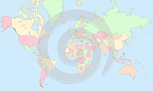 Colored map of the world with black contour lines