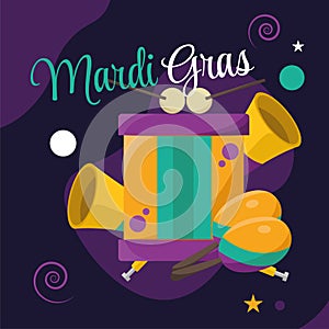 Colored mardi gras poster Group of carnival musical instruments Vector