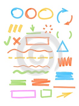 Colored marker highlights. Drawing strokes elements round and square frames transparent stripped lines scribble vector