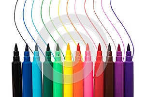 Colored markers with multicolor lines isolated on white background.