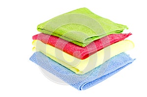 Colored microfiber cleaning cloths.