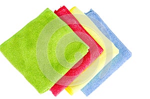 Colored microfiber cleaning cloths.