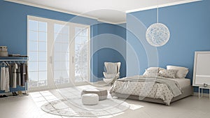 Colored modern blue and beige bedroom with wooden parquet floor, panoramic window on winter landscape, carpet, armchair and bed