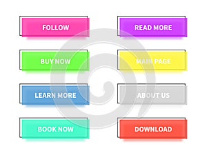 Colored modern trendy flat buttons. Rectangle button set, main shapes and icons with square frames for websites, mobile