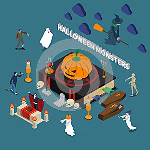 Monster Halloween Isometric Composition