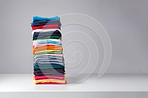 Colored multi-colored T-shirts lie in a stack. Concept of diversity in the world