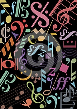 Colored music signs on black