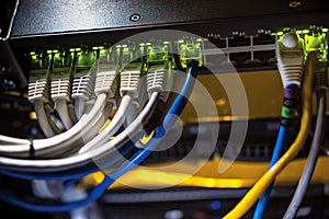 Colored network wires connected to the computer