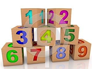 Colored numbers on wooden toy blocks