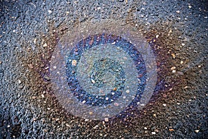 Colored oil stain on the asphalt. A rainbow slick of gasoline. Abstract background