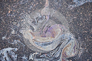 Colored oil stains close-up, color of a gasoline stain on asphalt as a texture or background