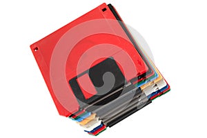 Colored old retro floppy diskettes in stack