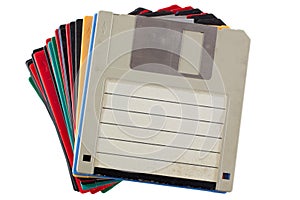 Colored old retro floppy diskettes in stack