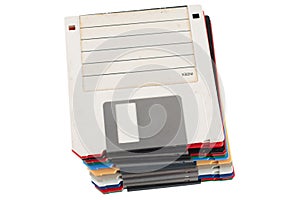 Colored old retro floppy diskettes in stack