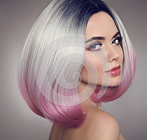 Colored Ombre bob hair extensions. Beauty makeup. Attractive Mod