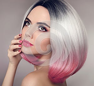 Colored Ombre bob hair extensions. Manicure nails. Beauty makeup