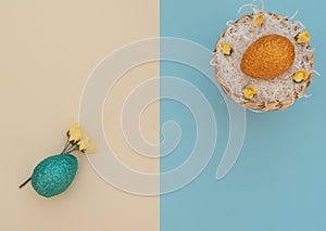 Colored orange Easter egg in egg basket with white paper like a nest and blue egg with yellow spring flowers lie on double