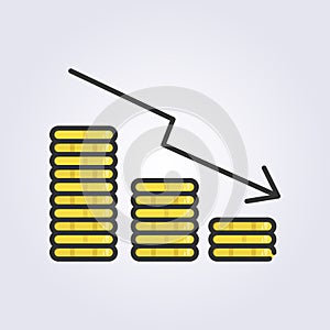 colored outline declining coin bar chart with stack coin icon logo vector illustration design