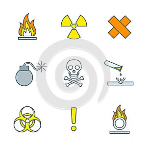 Colored outline hazardous waste symbols warning signs icons