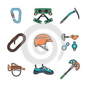 Colored outline various alpinism tools icons collection