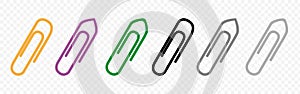 Colored paper clip icons set on transparent background. Paperclips in flat style. Office Paper Clip sign.