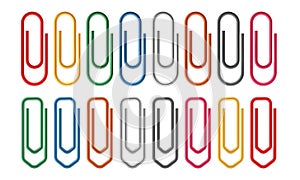 Colored paper clips. Fasteners document sheets realistic clip, office organized, color metal school stationery