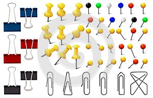 Colored paper clips and pins, various pushpins, map tacks