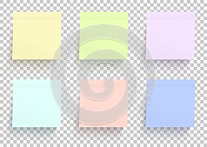 Colored paper stickers set. Shadowed sticky notes on transparent background.