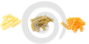 Colored pasta on white background