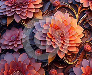 Colored pattern of beautiful three-dimensional flowers. 3D illustration