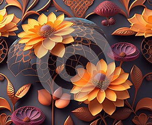 Colored pattern of beautiful three-dimensional flowers. 3D illustration