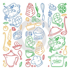 Colored pattern drawn by crayons, gastronomy icons, vector cuisine and fast food cafe bright background for menu