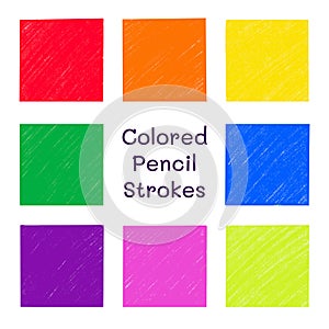 Colored pencil strokes vector set. Crayon texture background collection isolated on white. Hand drawn square fill scribbles,