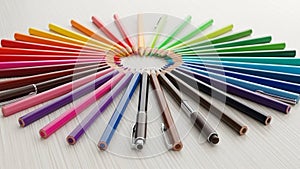 Of colored pencils is arranged in a circular pattern on a white