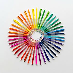 Colored pencils arranged in a circular pattern on a white background
