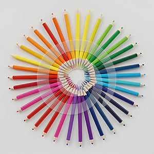 Colored pencils arranged in a circular pattern on a white background