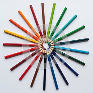 Colored pencils arranged in a circular pattern on a white surface